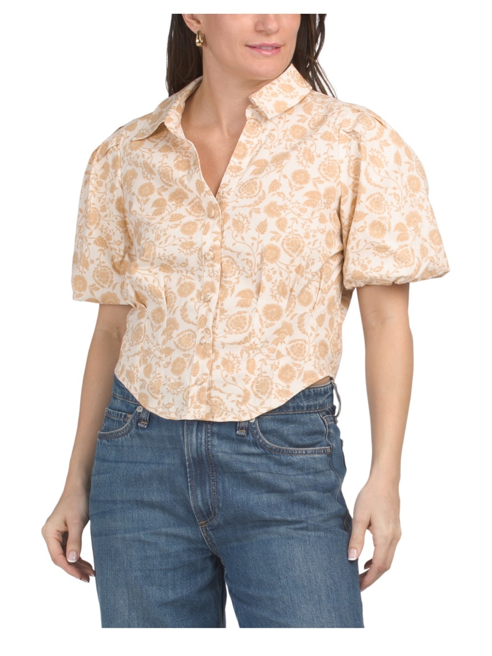 Bagatelle Floral Print Corset Style Button-Up Shirt with Puff Sleeves